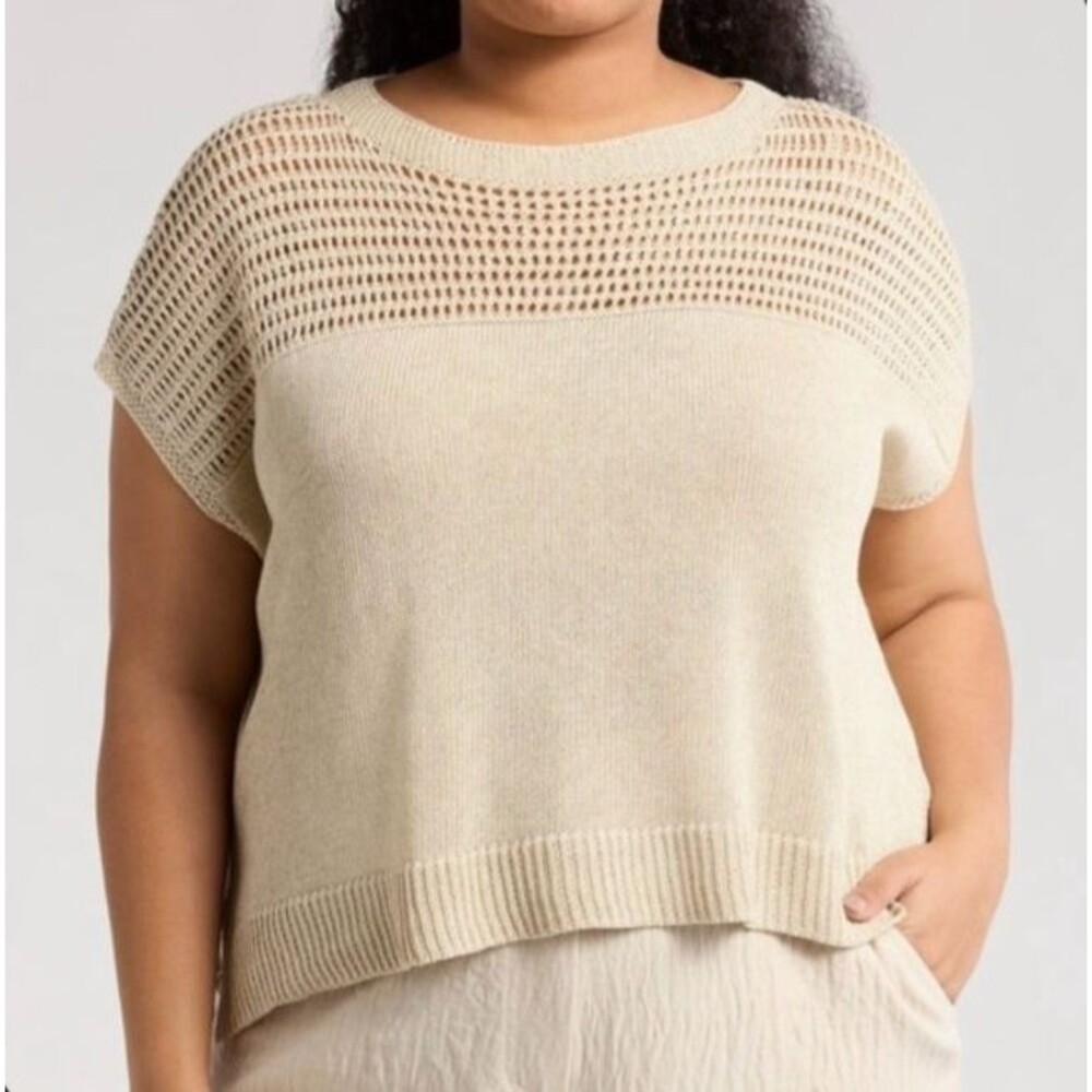 MAX STUDIO Open Weave Dolman Sweater Small Oyster Linen Blend Beachy